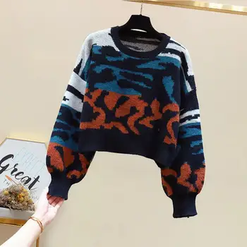 EBAIHUI 2020 m. Žiemos Žakardo Leopard Megzti Megztinis Moterims, O-Kaklo Negabaritinių Megztinis Storas Šiltas Vintage Megztinis