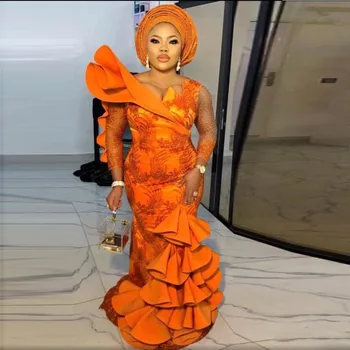 Elegantiškas Oranžinė Prom Dresses Ilgai Undinė vestido Raukiniai Promenadzie Suknelė Zawalcowany Pakopų Nigerijos Iliuzijų vakarinę Suknelę Užsakymą