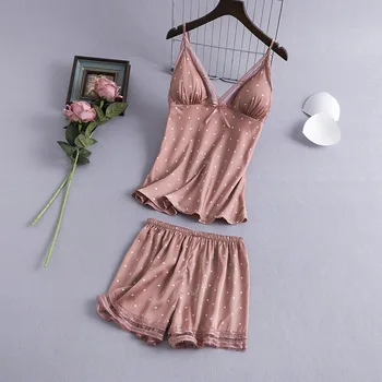 Fiklyc apatiniai seksualus moterų berankovis vasaros pižama rinkiniai prabangus elegantiškas dot spausdinti gražus atsitiktinis naktiniai drabužiai nustato KARŠTO