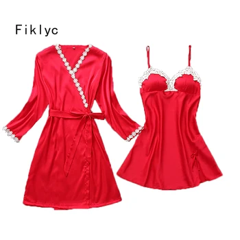 Fiklyc prekės ženklo moterų apdaras & suknelė rinkiniai mini nightdress + ilgomis rankovėmis chalatas dviejų moterų vienetų seksualus gėlių apatinis trikotažas naktiniai marškinėliai KARŠTO