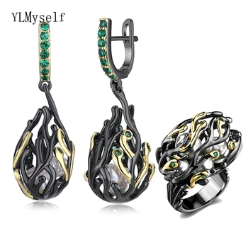 Filialas dizaino auskarai, žiedai, 2vnt nustatyti neteisėtų papuošalai juodojo aukso plokštelės white pearl green crystal didelis kokteilis Auskarus žiedas rinkiniai