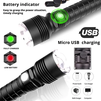 Galingas XHP50 LED Žibintuvėlis USB Įkrovimo LED Taktinis Žibintuvėlis Paramos Priartinimas 5 Apšvietimo Režimus, Maitinamas 18650 arba 26650 Baterija