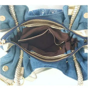 Garsaus prekės ženklo moterų rankinės mados moterų kniedės krepšiai, aukštos kokybės džinsinio audinio krepšys