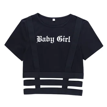 Gatvės Stiliaus Gothic Punk Laišką Baby Girl Spausdinti Tuščiaviduriai iš Pakinktų Dirželis T-marškinėliai Moterims, O-kaklo trumpomis Rankovėmis Apkarpyti Viršūnes Marškinėliai
