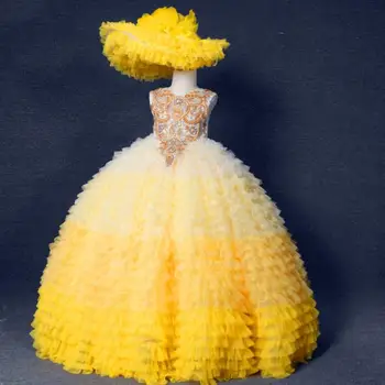 Geltona Merginos Reljefiniai Princesė Kamuolys Chalatai Geltona Merginos Rankovių Nėrinių Aplikacijos Merginos Įžymybė Gimtadienio Suknelės Užsakymą