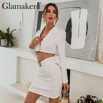 Glamaker Balta pasėlių viršų ir seksualus-line sijonas moterims rinkiniai Atsitiktinis dviejų dalių kostiumas elegantiškas šalis žiemą, rudenį drabužių 2020 naujas