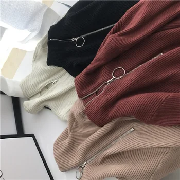 Golfo rudens žiedas užtrauktukas moterų ploni megztiniai megztinis žiemą ilgomis rankovėmis korėjos mados ins vientisos spalvos didelė kodas Megztinis S-XL
