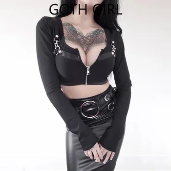 Goth Girl Tamsiai Serijos ilgomis Rankovėmis T-shirt Moterų Rudenį Naujų Užtrauktukas Aikštėje Apykaklės Stora Viršų Moteriška 