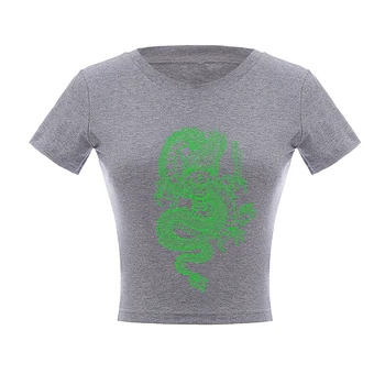 Gotikos Trumpas Rankovės Apkarpytos Marškinėliai Moterims Green Dragon Spausdinti Streetwear Marškinėlius 2020 Metų Vasaros Cool O-kaklo Derliaus Viršuje Moterų Drabužiai