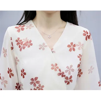 Gėlių šifono v neck slim suknelė moterims abrikosų balta 2020 metų vasaros naują korėjos mados diržas aukšto juosmens pasakų suknelės feminina LR785