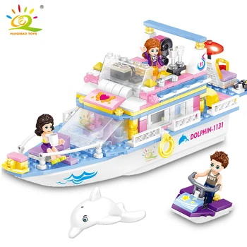 HUIQIBAO Širdies ežero Atostogų jachtų Statyba Blokai valties Delfinų Laivo žaislas Draugais Mergaičių Svajonė Plytų Su skaičiais vaikų žaislas