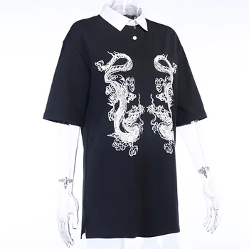 Harajuku Palaidi Ilgi marškinėliai Moterims Gothic punk Streetwear Negabaritinių Juoda T-shirts Grunge Spausdinti Dragon Moterų Derliaus Viršūnės