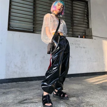 Harajuku Rudens žiemos PU Odos prarasti Streetwear kelnės moterims punk GIA Juoda aukšto liemens kelnės hip-hop sweatpants pantalon