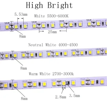 HighBright 5M 2835 SMD 120led/m 600Leds Balta Šiltai Balta natūralios baltos spalvos Lanksti LED Juostelė 12V Ne Vandeniui nemokamas pristatymas