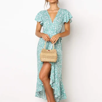 HiloRill Vasarą Long Maxi Suknelė Moterims Atsitiktinis Boho Gėlių Spausdinti Paplūdimio Suknelė Seksualus V-Kaklo, Pynimas Bodycon Wrap Didelio Plyšio Šalis Suknelė
