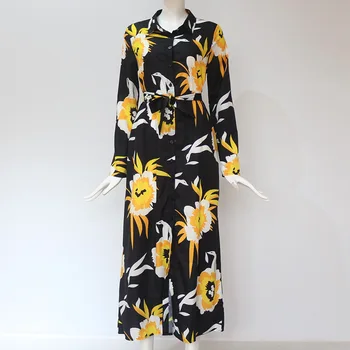 Ilgomis Rankovėmis Gėlių Spausdinti Marškinėliai Suknelė Moterims Pasukite Žemyn Apykaklės Šifono Paplūdimio Suknelė 2020 M. Rudenį Plius Dydžio Elegantiškas Darbo Dėvėti Suknelė