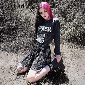 InsGirl Dark Black, Gothic Punk Palaidinukė Moterų Grafinis Spausdinti ilgomis Rankovėmis O-kaklo Laisvas Megztinis Derliaus Y2k Gatvės Grunge Hoodie