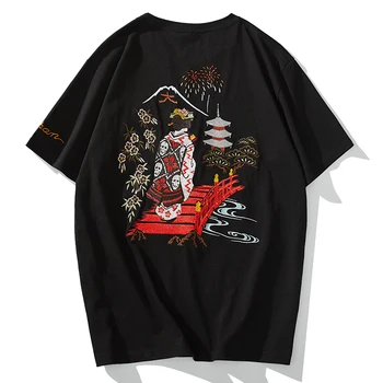 Japonų mados prekės ženklo siuvinėjimo kaukolė gėlių karalienė cherry blossom Fuji trumparankoviai marškinėliai vasaros medvilnės dugno marškinėliai vyrams