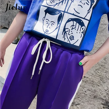 Jielur Vasarą, Rudenį Atsitiktinis Fitneso Violetinės Kelnės Moterims Harajuku BF Kietas Streetwear Spliced Pusėje Juostele Haremo Kelnės Moteriška