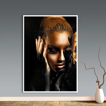 Juodojo Aukso Moteris Modelis Meno Plakatą, paveikslą ant Sienos Palėpėje Drobės Plakato spauda Šiuolaikinio Namų Dekoro Abstraktus Šiaurės Kambarį