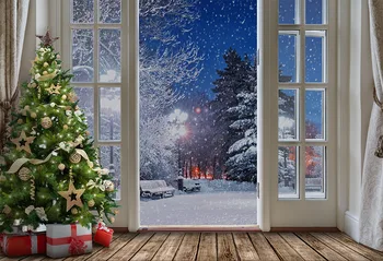Kalėdų Eglutė Fotografijos foną, Durų Snowfalke Namas Fone Žiemos Šeimai Šalis (Raudona Dėžutė) Vakarą Papuošalų Photobooth