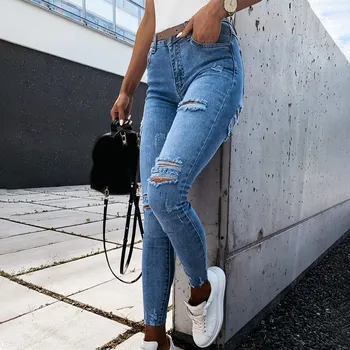 Kietojo Džinsai Moterims Džinsinio Aukšto Juosmens tvirtinimo taškai Pieštuku Moterų Kelnes Skinny Kutais Atsitiktinis 2020 NAUJŲ Rudens Streetwear Ponios Kelnės