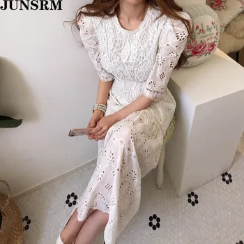 Korėjos Balta Nėrinių Suknelė Moterims Derliaus Pavasario Vasaros 2020 Naujas Sluoksniuotos Rankovėmis Nėriniai Kablys Gėlių Tuščiaviduriai Temperamentas Suknelė Skraiste Moteris