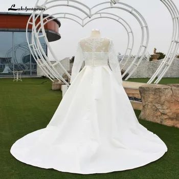 Kuklus ilgomis Rankovėmis Vestuvių Suknelės, Turkija Scoop Satino Appliqued A-line Bridal Gown su Kišenėmis Vestidos de Novia