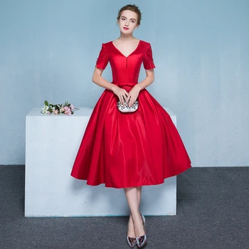 Ladybeauty Naują atvykimo 2020 Elegantiškas Raudoną vakarinę Suknelę V-Kaklo Jungiamąją Oficialią Šalies plus size trumpomis rankovėmis suknelės