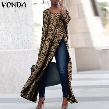 Leopard Marškinėliai Palaidinė 2021 VONDA Žiemos Moterys Tunika Seksualus Padalinta Klubas Šalies Ilgio Viršūnes Atsitiktinis ilgomis Rankovėmis Blusas Palaidinės Plius Dydis