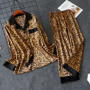 Leopard Pižamos Moterims Juostele Satino Pižama Rinkiniai 2019 Naują Pavasario Ilgomis Rankovėmis 2 Vnt Kostiumas Atsitiktinis Šilko Namų Drabužių Sleepwear