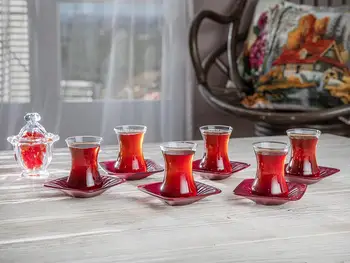 Lorna Stiklas 12 Gabalas Arbatos Rinkinys 6 Arbata Akiniai 6 Arbata Akiniai Lėkštė 100 Ml bordo spalvos raudona turkijos tradicinis arbatos stiklas
