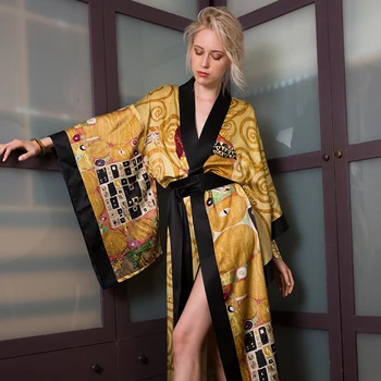MAISON GABRIELLE Šilko Aliejaus Tapybai Spausdinti Kimono Skraiste Padažu Suknelė Peignoir Sleepwear Pižamą Namų Kostiumas Moterims Loungewear