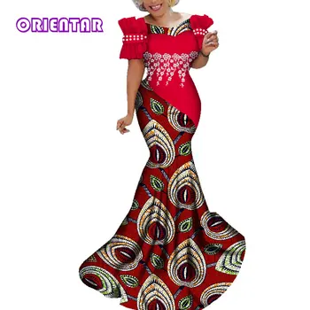 Mados Afrikos Suknelė Moterims, Ilgą Šalis afrikos spausdinti suknelės su baltais Perlo Nėrinių Gėlių heidi bazin Riche Panele Ilga Suknelė WY284