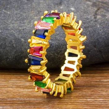 Mados Madinga Aukštos Kokybės Vaivorykštė CZ Aukso Žiedas Vario Zirconia Papuošalai Moterims, Elegantiškas Žiedai Moterų Vestuvių Žavesio Papuošalai