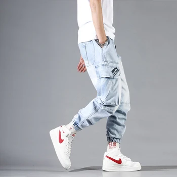 Mados Streetwear Vyrų Džinsus, Šviesiai Mėlyna Palaidi Tinka Multi Kišenės Atsitiktinis Krovinių Kelnės Dizaineris Hip-Hop Poilsiu Pločio Kojų Kelnės