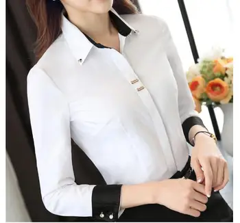 Mados drabužių OLIS moterų ilgas rankovėmis marškinėliai juoda balta slim Kratinys Blizgučiais medvilnės palaidinė office ponios plius dydis oficialų viršūnės