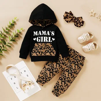 Mados rudens ilgomis rankovėmis su gobtuvu laišką outwear kailis hoodie ilgai leopard kelnes kaspinai bamblys vaikams vaikiški drabužiai rinkiniai 3pcs