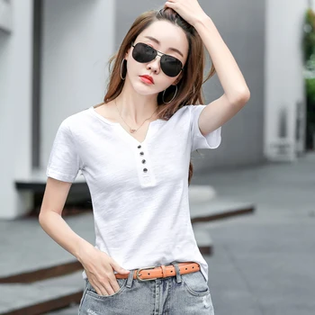 Marškinėliai Moterims Medvilnės Pagrindinio V-Kaklo 2021 Korėjos Stiliaus Moteris Drabužius Vasarą, Vyriški Ilgomis Rankovėmis Viršūnes T-Shirt Marškinėliai Femme