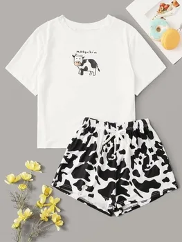 Medvilnės Pajama Nustatyti Moterų Karvė Spausdinti Pijamas Mujer Trumpas Rankovės Marškinėliai ir Šortai,, Ponios 