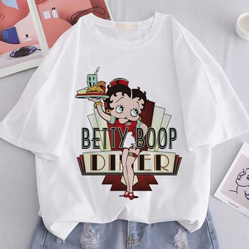 Mielas Grafinis T-shirts Betty Boop Mažylis Spausdinti Moterų Harajuku Estetinės trumpomis Rankovėmis Marškinėlius Korėja Mados Balta Moterų Marškinėliai