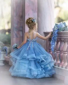Migla Pilka Gėlių mergaičių Suknelės, Vestuvių Nėrinių 3D Gėlių Appliqued Mergaitės Inscenizacija Suknelė Pakopų, Sijonai, vestidos de desfile