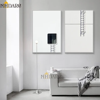 Modernus Minimalistinis Juoda Balta Laiptų Dizainas, Paveikslai Tapyba Šiaurės Plakatų Ir Grafikos Meno Siena Nuotraukas Kambarį Dekoro
