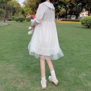 Mori mergina balta peter pan apykaklės 2020 metų Vasaros preppy stiliaus trumpomis Rankovėmis Suknelės Moteriška balta mielas kelio ilgio Suknelė vestidos