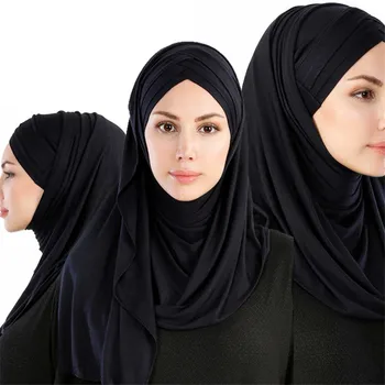 Moteris Musulmonų Kietas Jersey Šalikas Ilgas Skarelė Padengti-iki Skrybėlę Wrap Skara Kuklumas Turbaną Bžūp Momentinių Underscarf Lengva nešioti