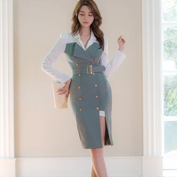 Moterys Pavasarį, Rudenį Darbo Suknelė Dryžuota Dvigubo Breasted Su Diržo Slim Bodycon Korėjos Stiliaus Suknelės
