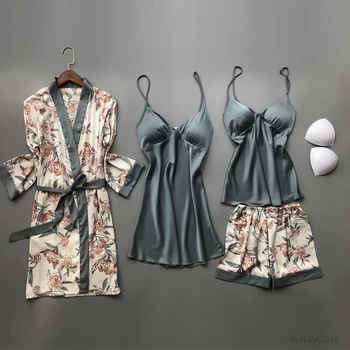Moterys Vasarą Dirbtiniais Šilko 4 Gabalus Mantija Rinkiniai Satino Kimono Naktį Suknelė Gėlių Spausdinti Seksualus Plius Dydis Nightgowns Sleepshirts Vonios Chalatas