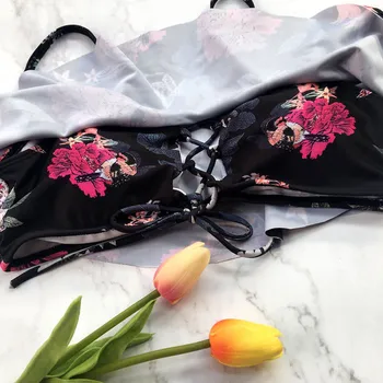 Moterų 2018 m. Vasaros Gėlių spausdinti bikini užskaityti Ruffles Pečių paminkštinimu tvarstis Plaukti Kostiumai Nėrinių Aukšto juosmens moterų Plaukti Dėvėti karšto