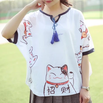 Moterų Animacinių Filmų Pasisekė Katė Spausdinti Japonija Stiliaus Harajuku T Shirts 2020 Metų Vasaros Trumpas Rankovės O-Kaklo Vatos Pagaliukai Tees Femme Pelerinos Marškinėliai
