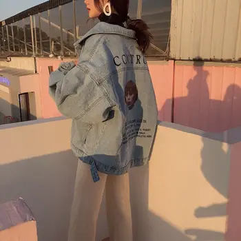Moterų Džinsinio Džinsus Bombonešis Pagrindinio Striukė CoatFemale Studentų korėjos Stilius Laisvas Mados Naujų Spausdinti Harajuku Streetwear viršutinių drabužių siuvimas